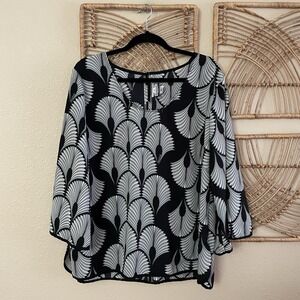 Manuheali'i Hawaiian Aloha Print Top Blouse Tunic Palm Beachy Women's Sz XL B3